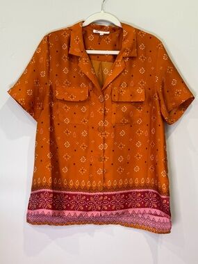Anthropologie DR2 Orange Button-Front Short Sleeve with Pink Border Scarf Print